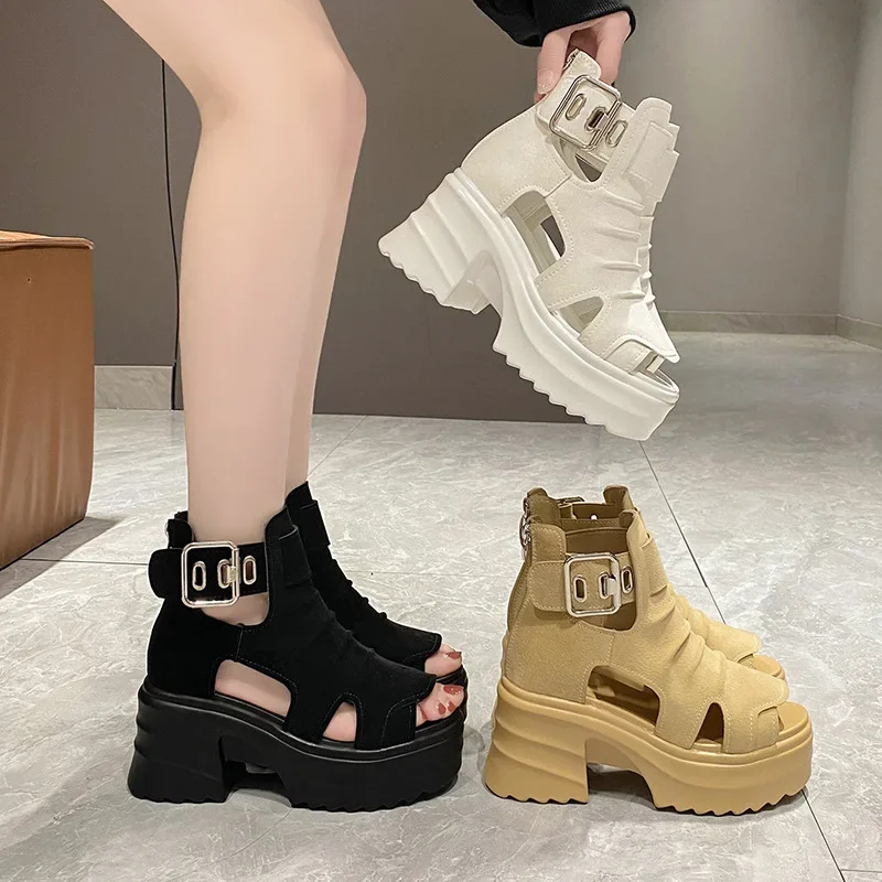 Platform Sandalias Female Hollow Fashion Sandals Boots Fish Mouth High Help Heel Summer Casual2024 Versatile Black Zapatos Mujer