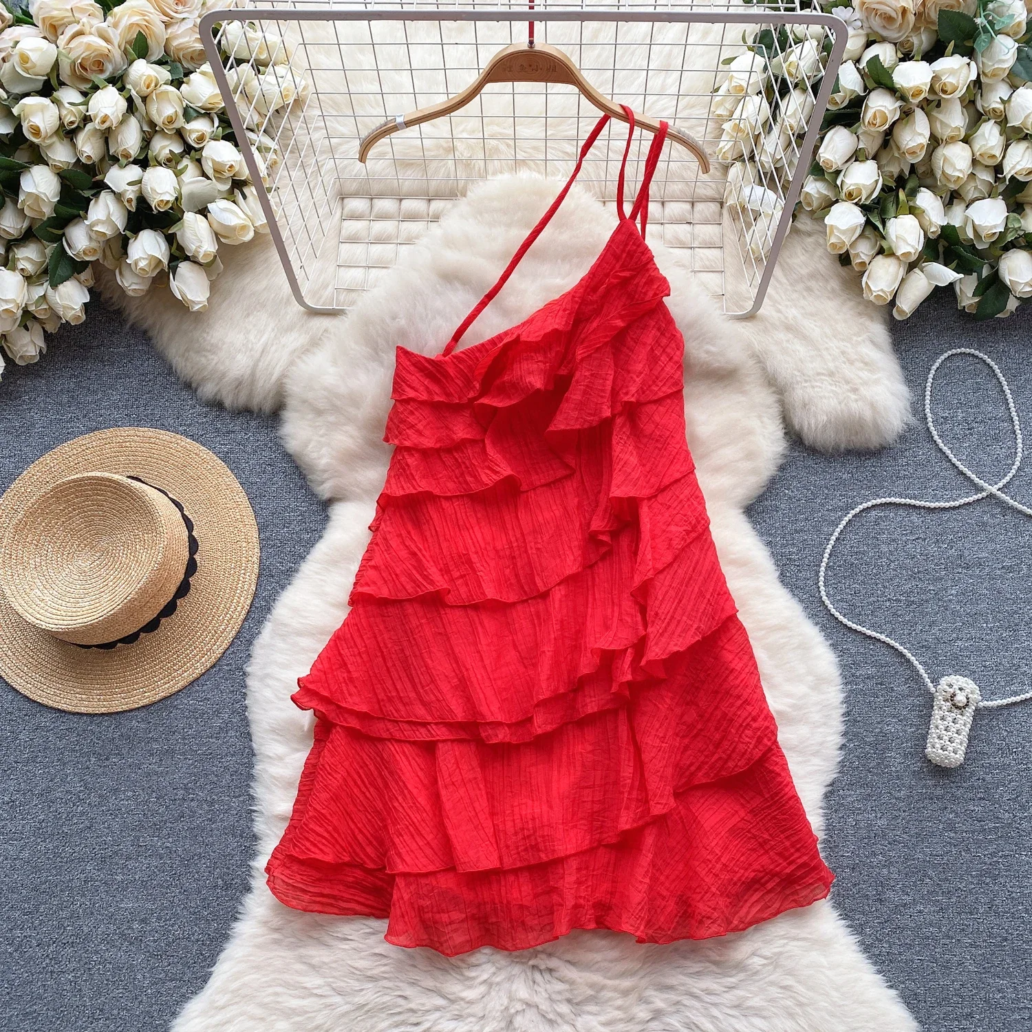 Fashion Flounced Edge Tierred Vocations Vestidos Female Exposed Shoulders Dresses White Dress Dress for Women Maxi Dress