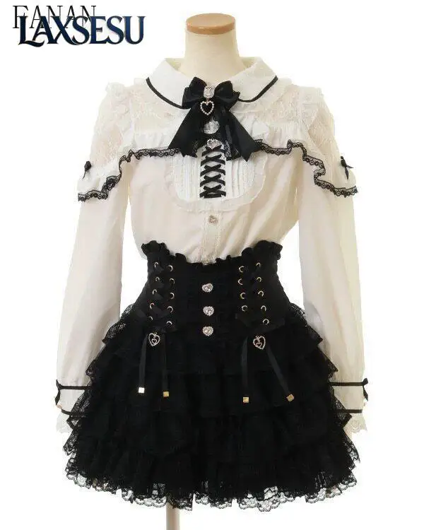 Spring Autumn Women's Tops Japanese Long Sleeve Shirt with Bows Mass Production Slimming Elegant Blouses Femme Lolita Style