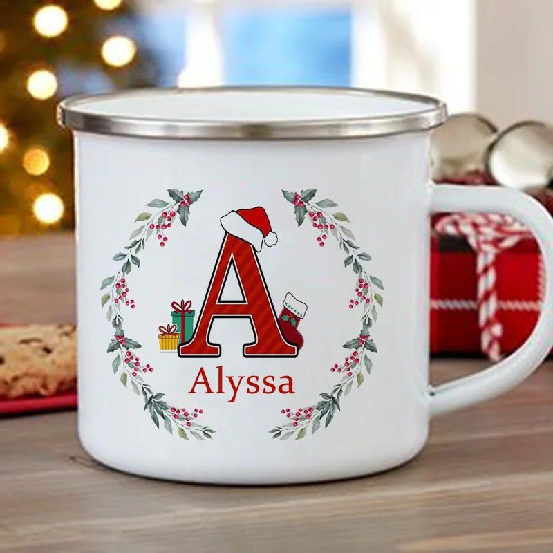 Personlized initial with name Christmas Enamel Cups Hot Cocoa Chocolate Mug Drink Jiuce Mugs Xmas Gifts for kids friend family