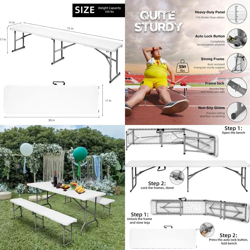 

6-Foot White Plastic Folding Bench for Portable Outdoor Dining, Picnic, and Party Use