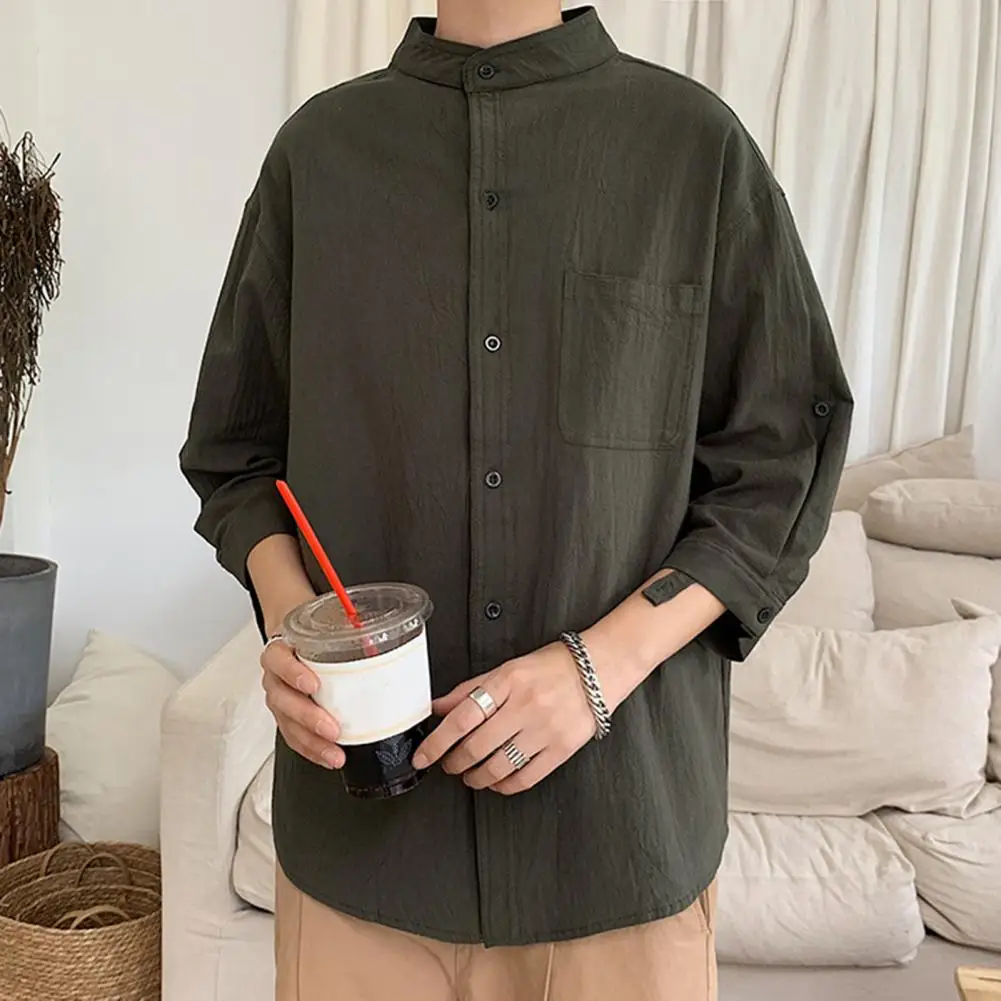 Button Down Men Shirt Loose Fit Casual Shirt Stylish Men's Stand Collar 3/4 Sleeve Shirt Solid Color Loose Fit Casual for A