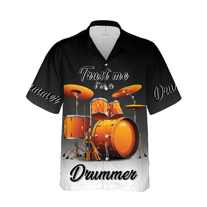 

Vintage Drum Guitar Graphic Hawaiian Shirt Men 3d Printed Music Band Shirt Summer Casual Button Down Blouse Lapel Short Sleeves