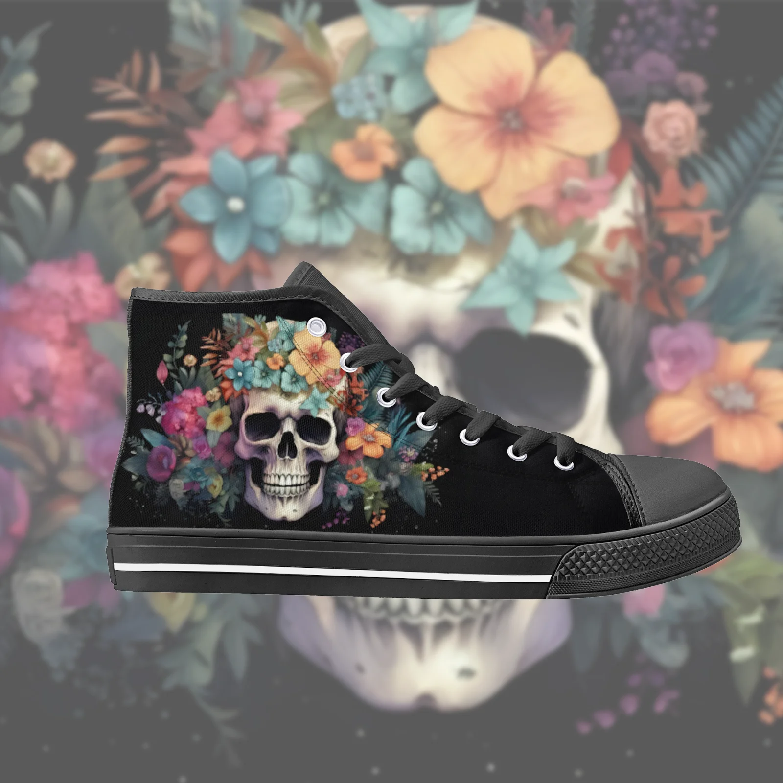 

Custom Shoes Vulcanized Shoes Classic High Top Canvas Shoes Gothic Skull Floral Female Flats Sneakers Footwears