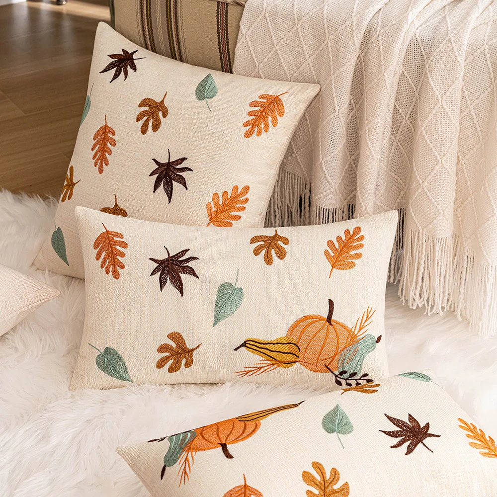 

30x50/45x45cm Autumn Maple Leaf Pumpkin Embroidery Throw Pillow Cover Living Room Cushion Cover Thanksgiving Halloween Pillowcas