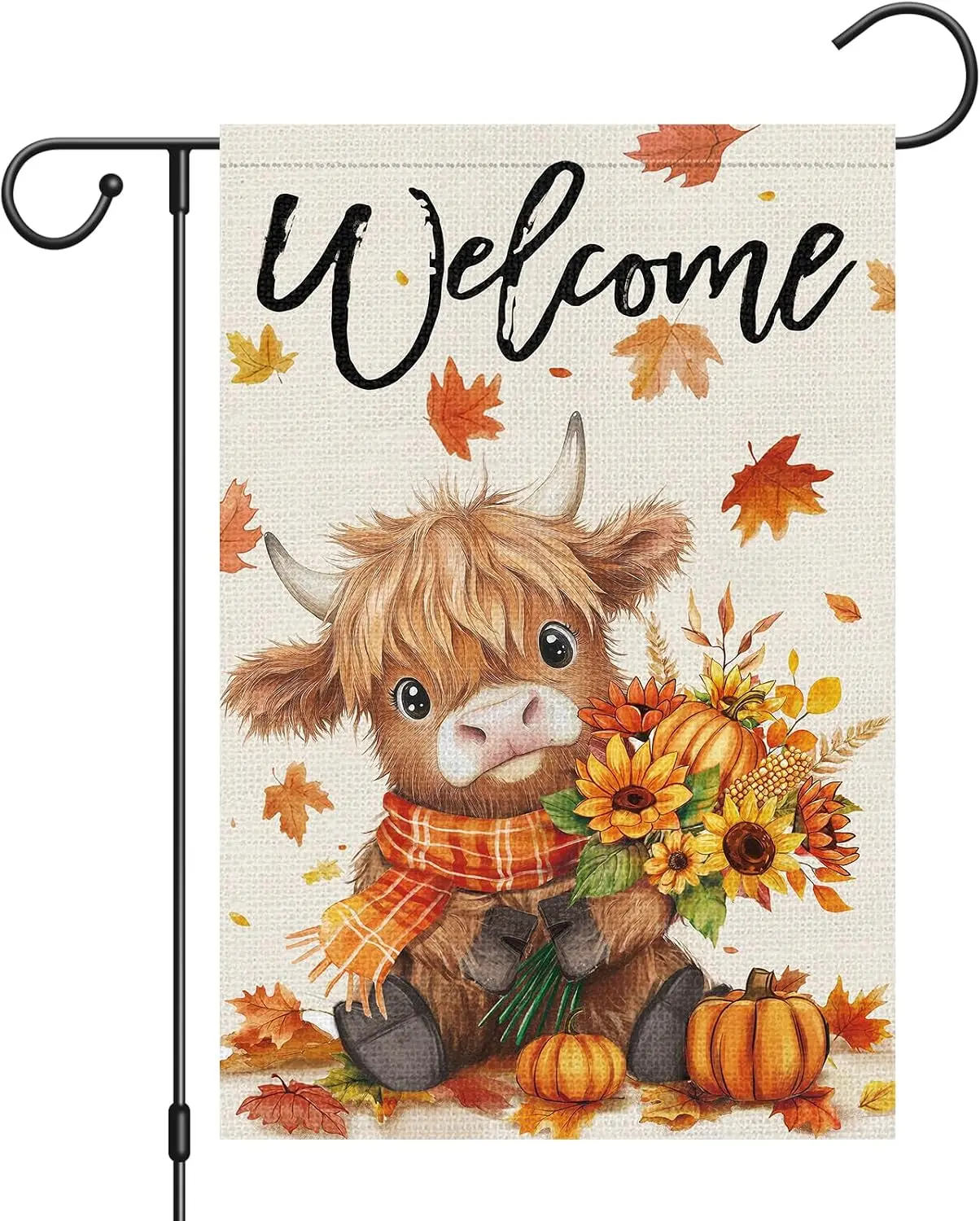 Heyfibro Welcome Fall Highland Cow Garden Flag 12x18 Double Sided Burlap, Autumn Pumpkin Sunflower Yard Flags for Thanksgivi llp