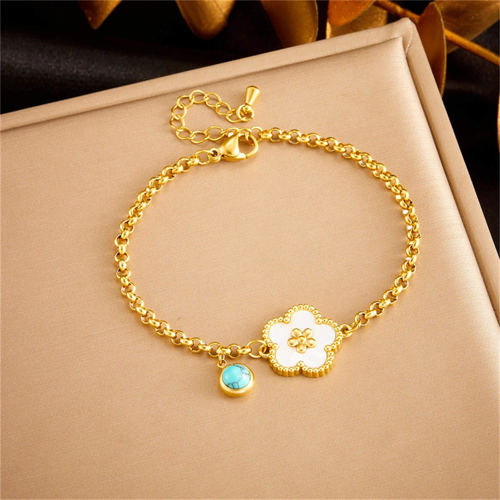 316L Stainless Steel Natural Shells Flower Imitation Turquoise Decoration Pendant Bracelets For Women Fashion Fine Jewelry Gifts