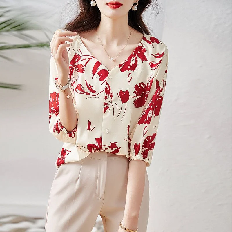 Women\'s Clothing Floral Print Elegant Business Casual Office Lady Button Up Shirt Summer V Neck 3/4 Sleeve Loose Blouse Chic Top