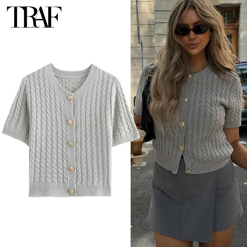 TRAF 2024 Knitted Short Sweaters for Women Autumn Knitwears Cropped Cardigan Woman Short Sleeve Button Cardigan Women Knit Top