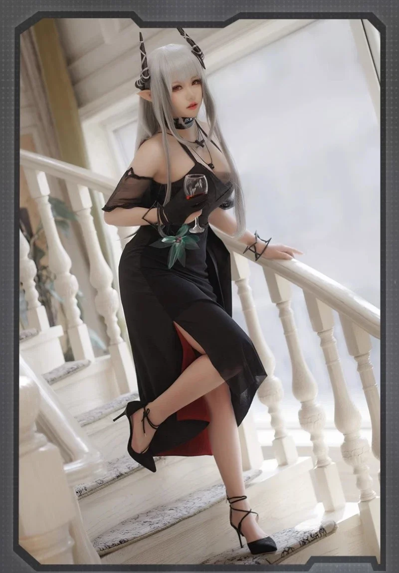 Game Arknights Obsidian Mudrock Cosplay Costume Ambience Synesthesia Mudrock Women Sexy Black Uniforms Halloween Party Dress Wig