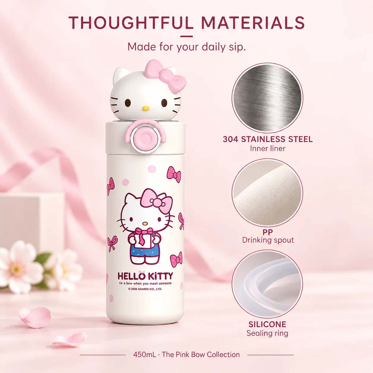 Sanrio Hello Kitty 450ml Insulated Tumbler 316Steel Inner  Cute Figure Lid Car Office Daily Travel Gift Birthday