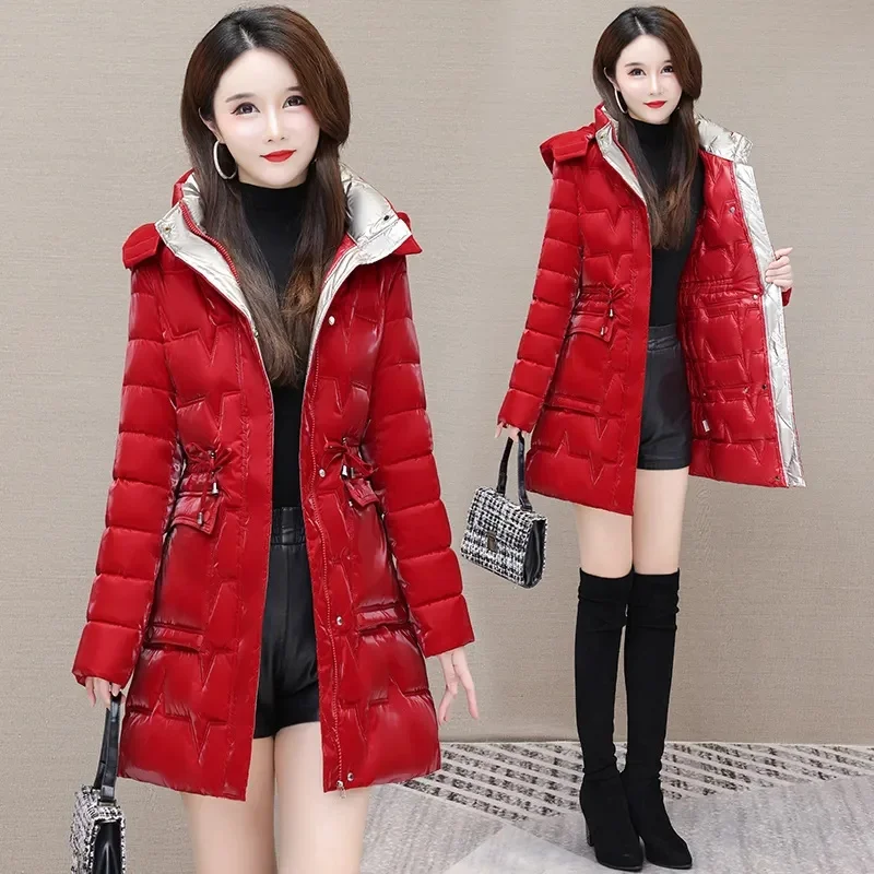 

2023 New Slim Bright Face Wash Free Down Cotton Coat Women Mid length Loose Waist Waist Slim Cotton Coat Winter Cotton Coat Coat