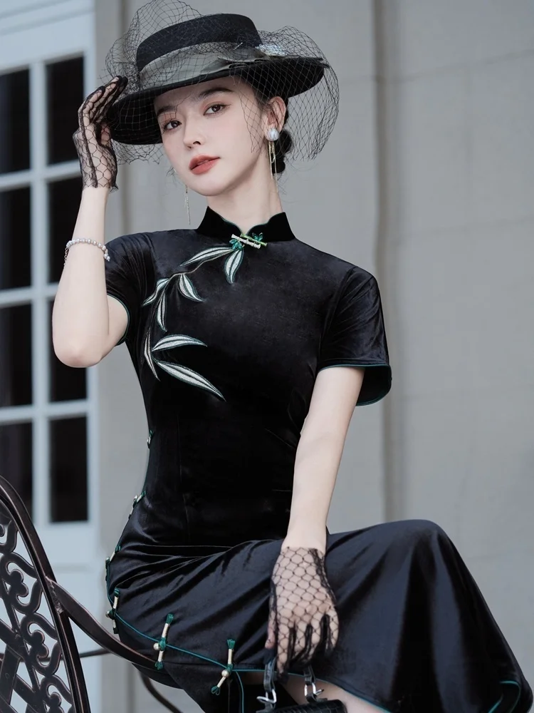 

Элегантное бархатное платье с длинным рукавом, черное, с золотистым бархатом внутри, для повседневной носки, весна 2025, новинка