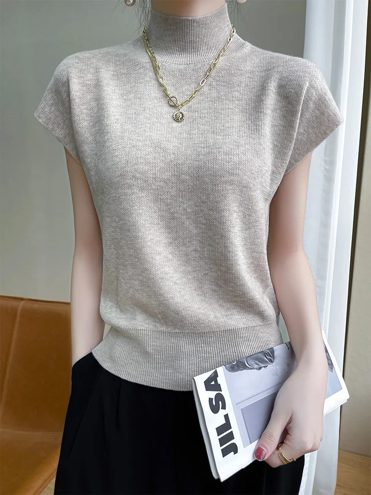 

Spring Autumn 100% Merino Wool Knitted Women's Sweater Mock Neck Sleeveless Solid Color Pullover High Quality Soft Casual Tops