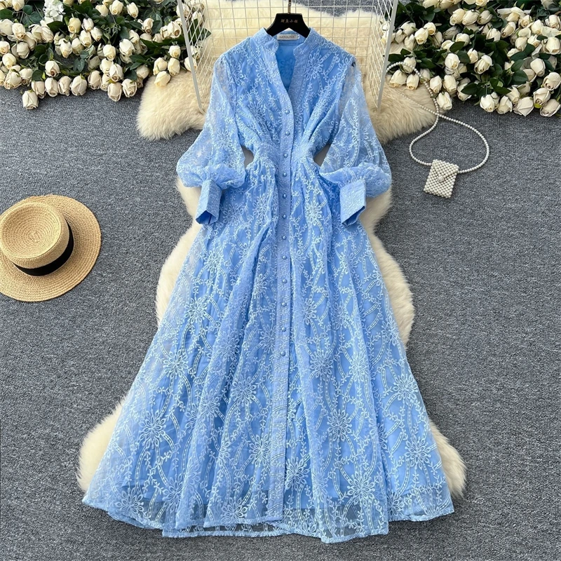 Elegant Formal Evening Floral Maxi Dress Women Long Sleeve Autumn Lace Dresses Female Hollow Out Prom Party Vestido Brand Design