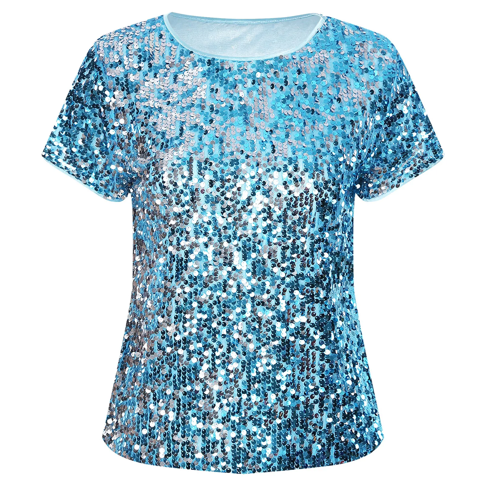 Women Sparkly Sequins Shirts Top Rave Dance Clothes Round Neck Short Sleeve T-Shirts for Cocktail Party Music Festival Nightclub