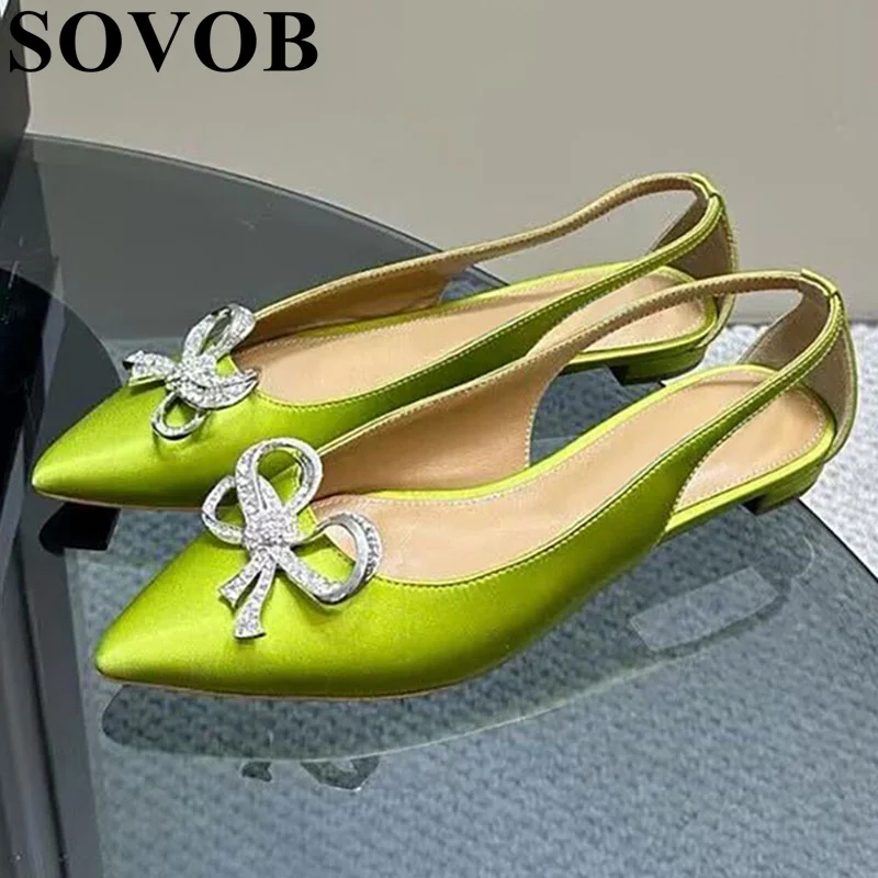 

New Pointed Satin Crystal Bow High Heels Women's Shallow Mouth Solid Color Casual Sandals Spring Autumn Versatile Walking Shoes