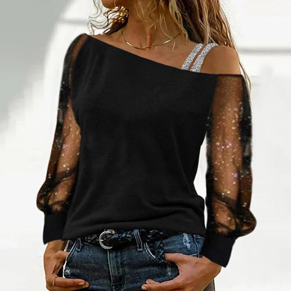 Women Autumn Sexy Lace Mesh Long Sleeve  Off Shoulder Casual Blouse High Quality Top