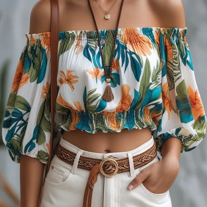 2026 New Women Floral Print Boat Neck Crop Short Top Puff Sleeve Elastic Waist Design  Versatile Top