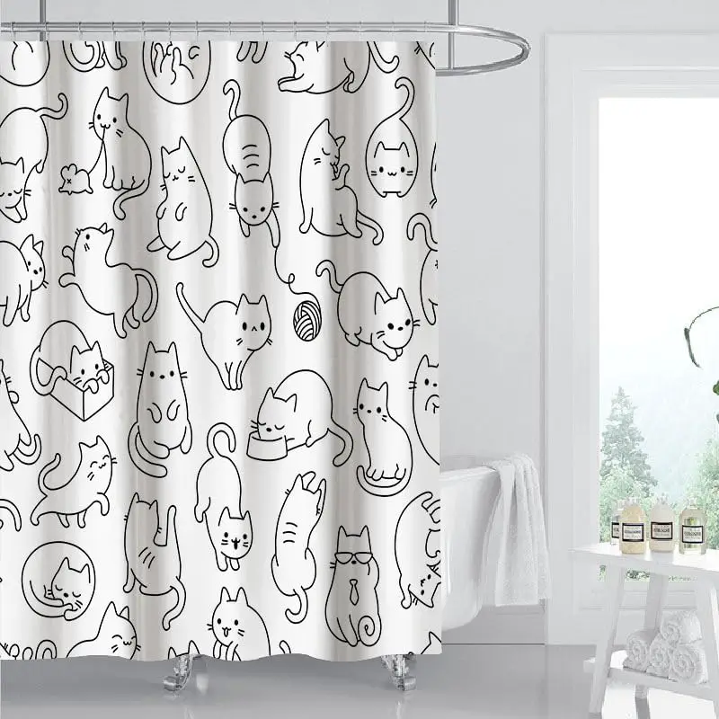Adorable Cat Drawing Shower Curtain Waterproof Bathroom Curtain Line Art Decor Cartoon Pet Shower Liner Unique Cute Cat Print