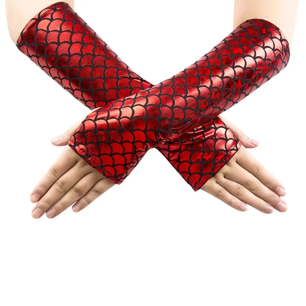Fancy Colorful Fingerless Gloves Fish Scale Long Cosplay Gloves Arm Sleeves Party