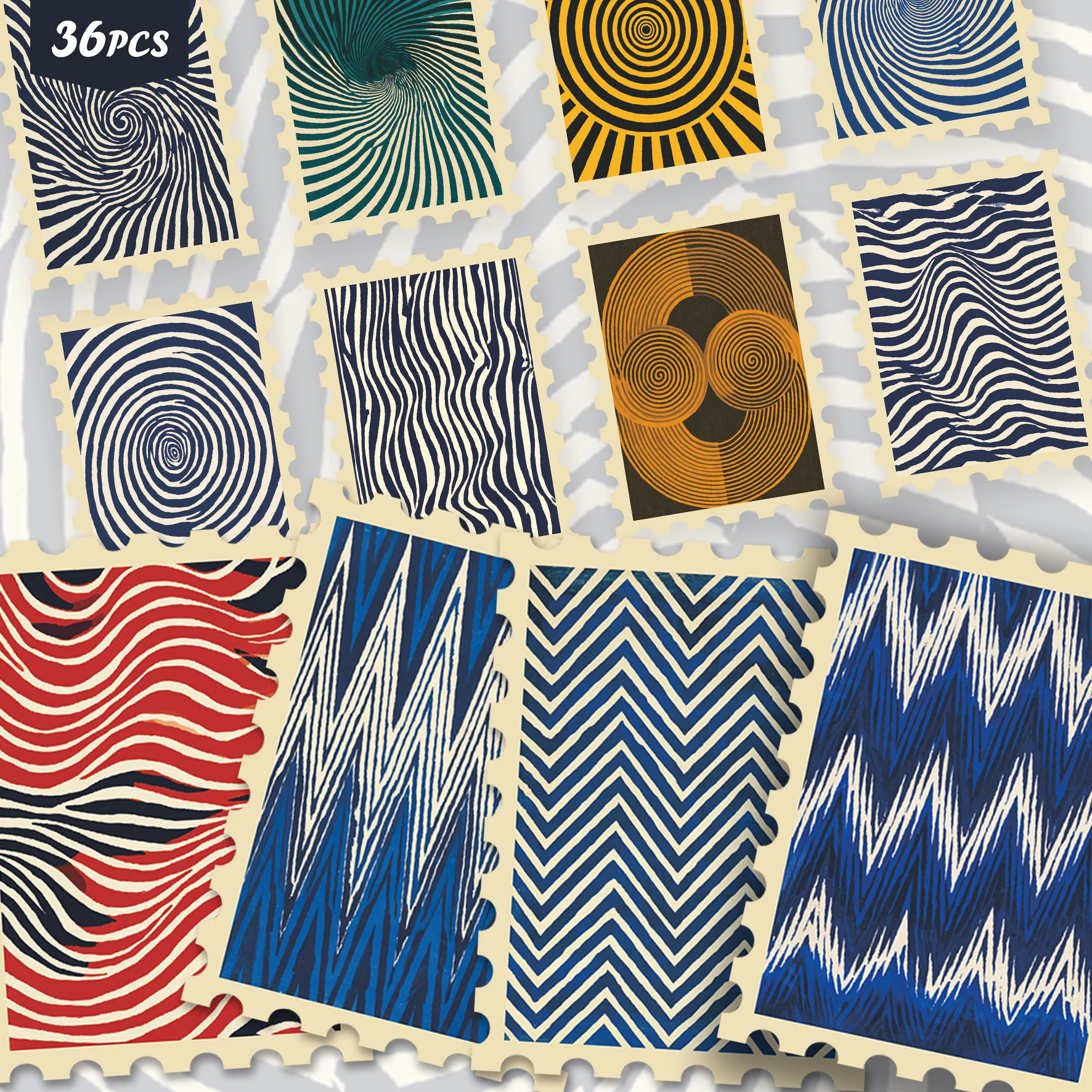 36PCS Retro Optical Line Pattern Stickers, vintage paper base geometric art with swirls, arches and radial striped motifs in red