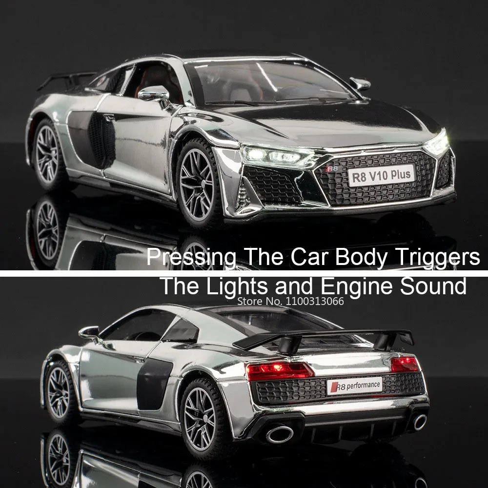 Coches de aleación Lambor URUS R8 V10 escala 1:32, juguetes, modelos fundidos con música ligera, vehículo en miniatura extraíble para coleccionistas, diversión