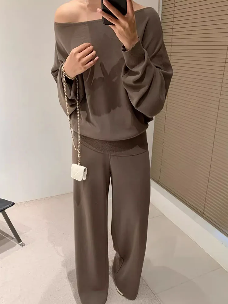 Casual Knitted 2 Pieces Sets Women Sexy Slash Neck Knitwears Pullover Tops Conjuntos Korean High Waist Wide Leg Pants Outfit New