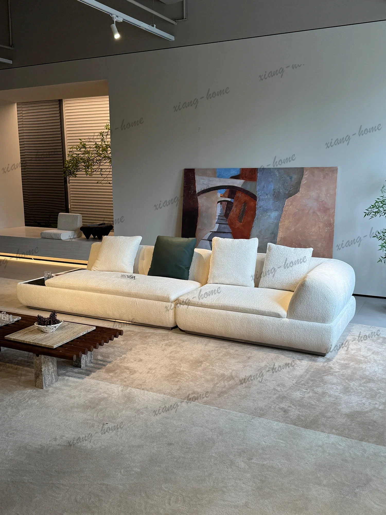 PG Cream Boucle Modular Sectional Sofa Marble Tray Built In Side Table Chaise Pillow Backrest Floor Style For Living Room Villa
