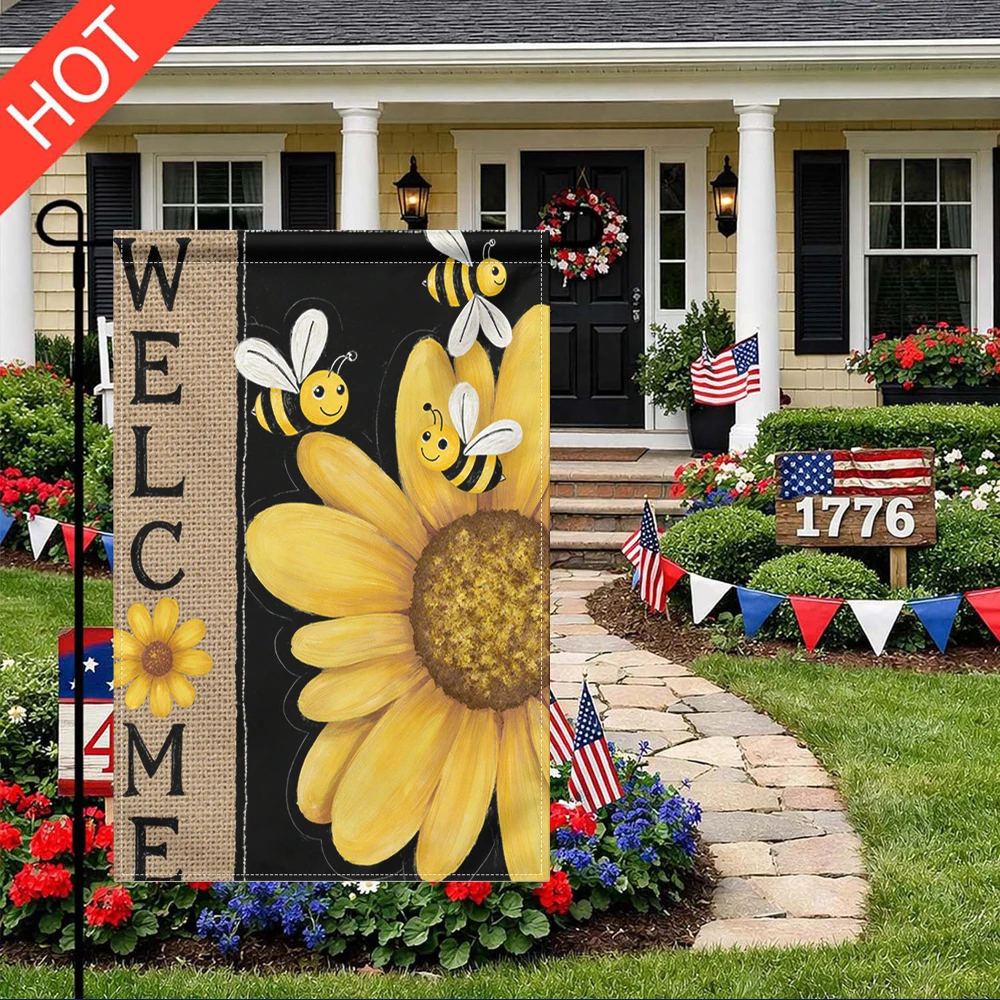 

Welcome Bees Sunflower Garden Flag Double Sided Print Without Flag Pole Rustic Burlap Yard Decor