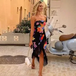 Elegant Strapless Dress Women Irregular Tassel 2024 Sexy Summer Trend Skinny Split Maxi Bodycon Birthday Party Clubwear Vestidos