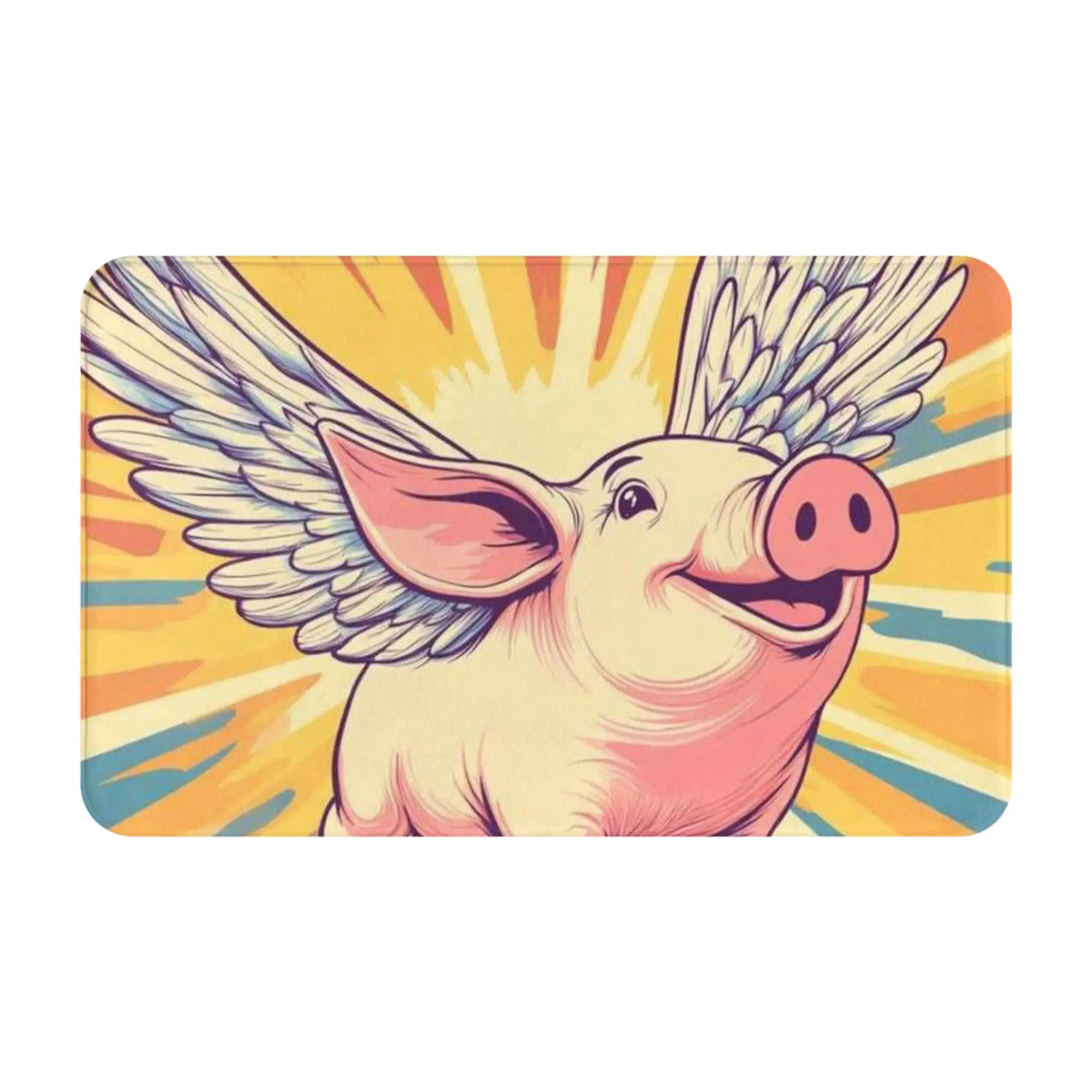 Flying Winged Pig Retro Sunburst Cartoon Art Non-slip Doormat Living Room Mat  Welcome Indoor Home Decorative