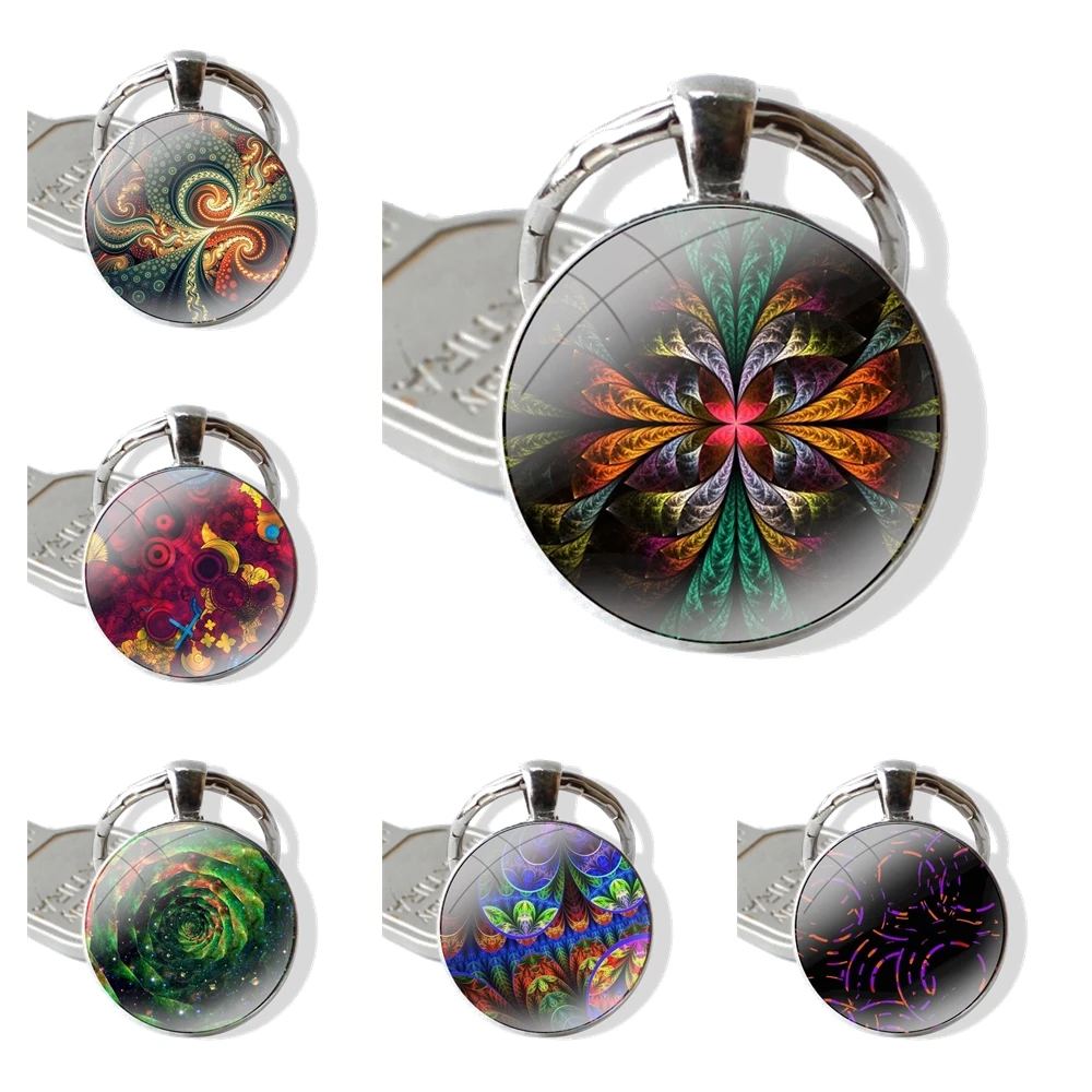 Keychain Handmade Glass Cabochon Key Ring Holder Pendant Key Chains Fractal Art