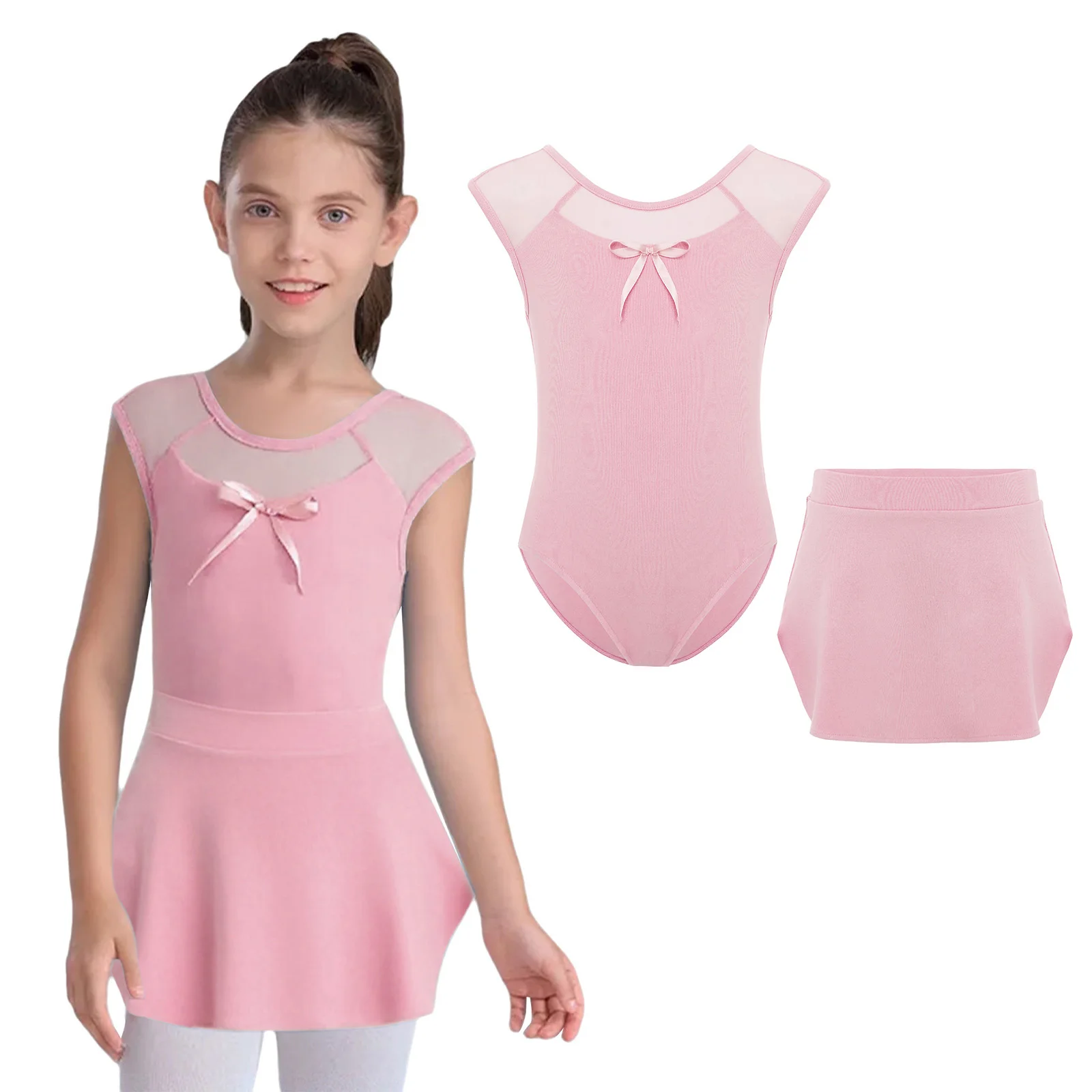 女の子バレエレオタード メッシュスカート付き 体操 スケート ダンス ボディスーツ 衣装 バレリーナ ヨガ ダンスクラス 練習服