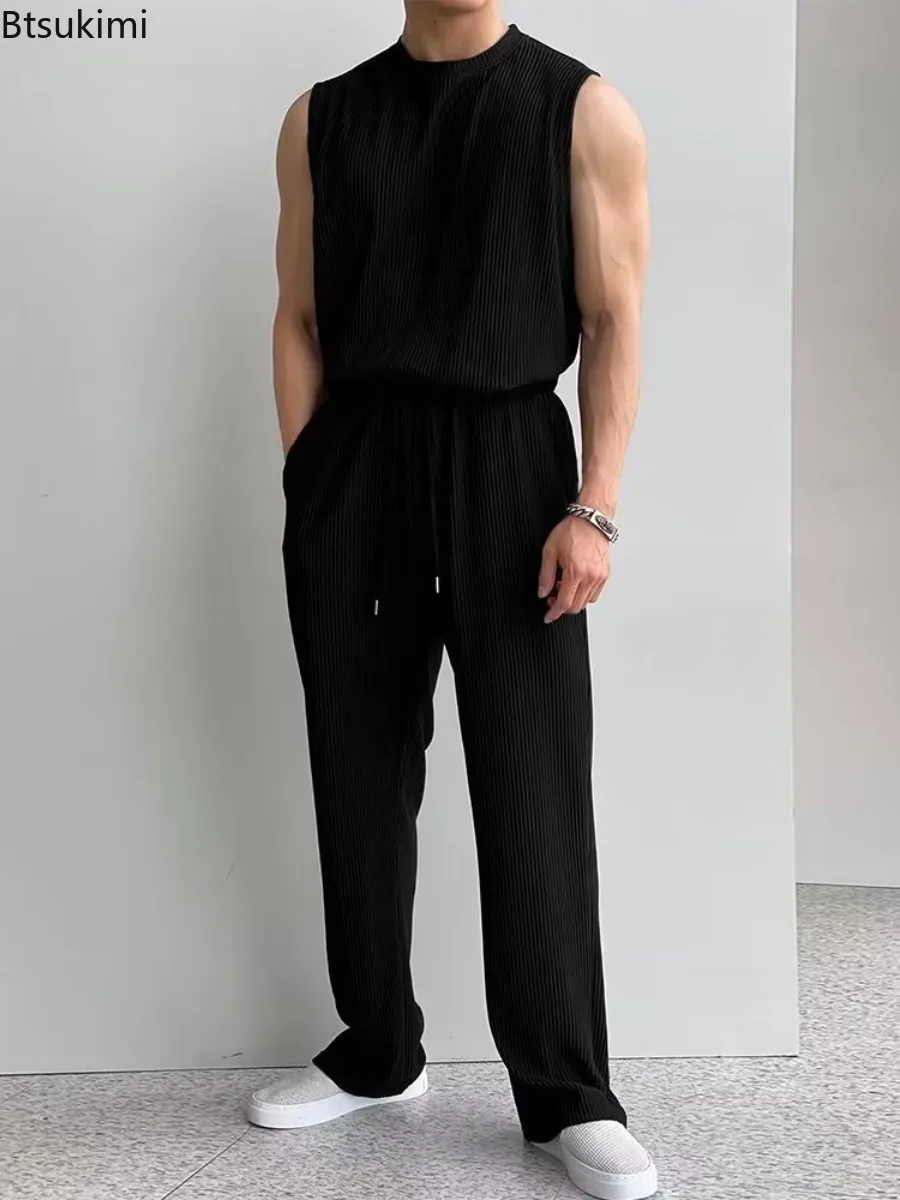 Summer Ice Silk Sets Men's Solid Casual Tracksuits Fashion Sleeveless T-shirt and Pants Two Piece Set Men Sports Fitness Outfits