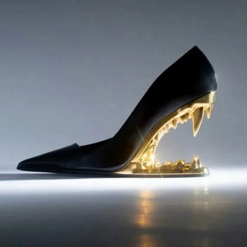 

Новые подиумные женские туфли на каблуке в форме зубов, женские туфли-лодочки с острым носком, необычные женские туфли на мелком каблуке, модная женская обувь большого размера