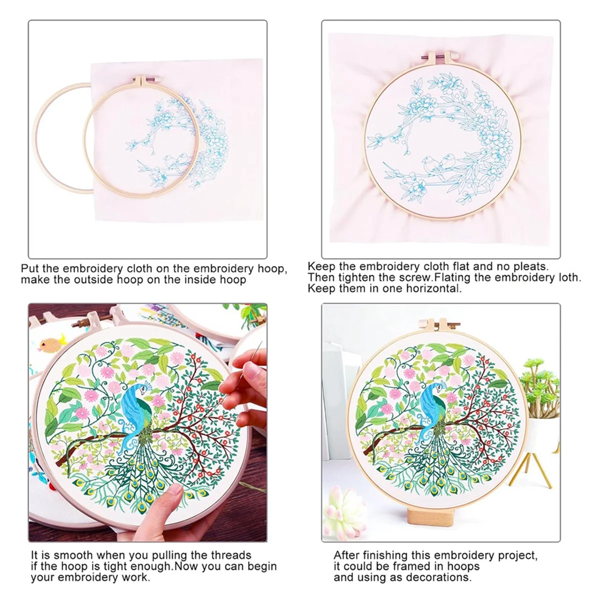 4 Sets DIY Embroidery Kit for Beginners Adults, Hand Embroidery Kit Includes Bird, Hoop, Color Threads, Tools