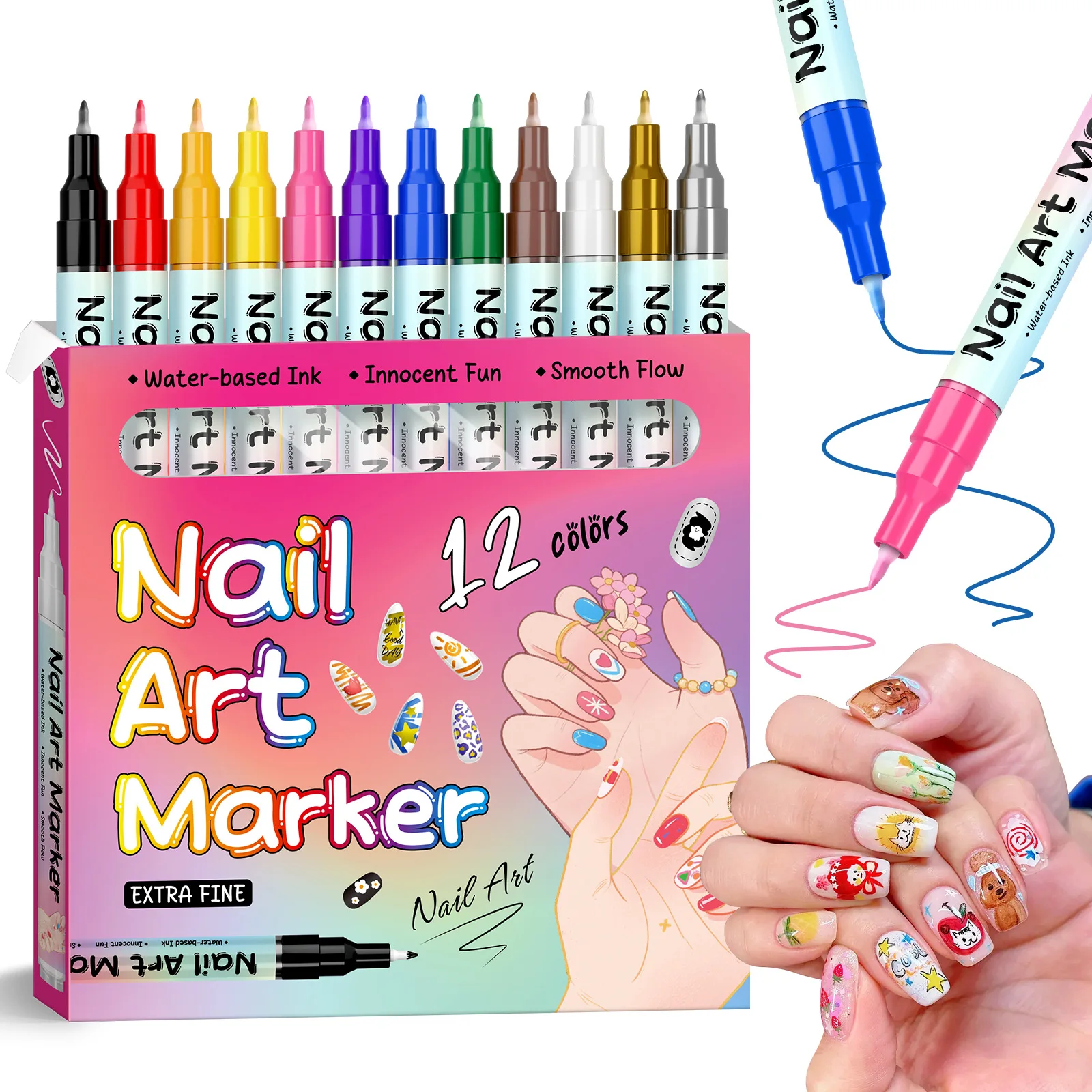 

12 Colors Magiart Waterproof Nail Art Pen Set ail rt Marker Drawing Painting Liner en, 0.5mm Precision Tip, Quick Dry