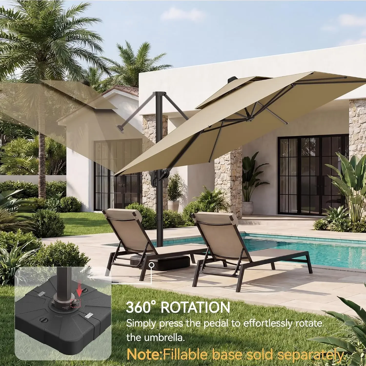 10x10 FT Patio Umbrella, Large Cantilever Double Top Heavy Duty Offset Umbrellas with 360° Rotation, Outdoor shade for Garden De