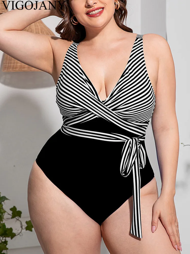 VigoJany 2024 Patchwork Stripe Print Plus Size Swimwear Women Push Up Large One Piece Swimsuit Beach Chubby Big Bathing Suit