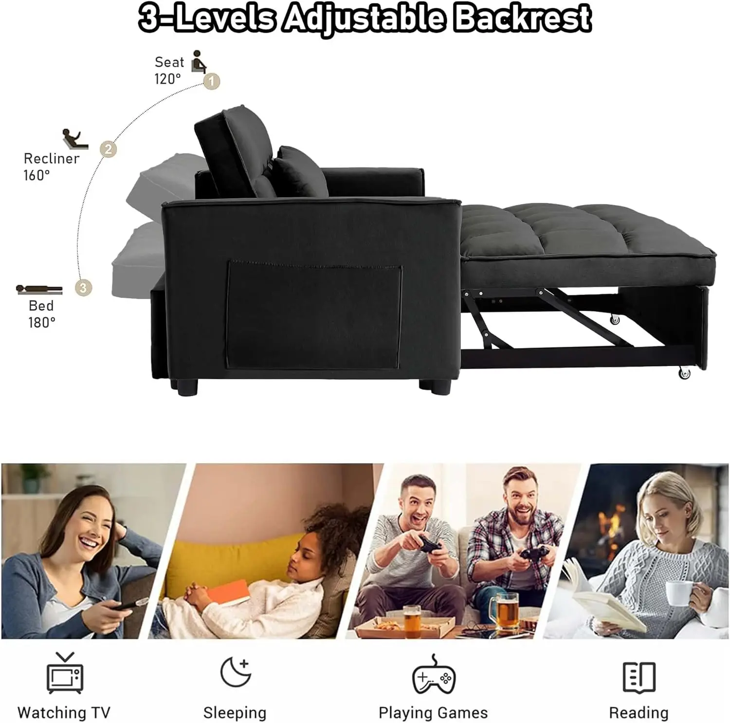 SumKea-sofá Convertible 3 en 1, cama extraíble de terciopelo multifuncional, 55 pulgadas, Loveseat Chaise Lounge