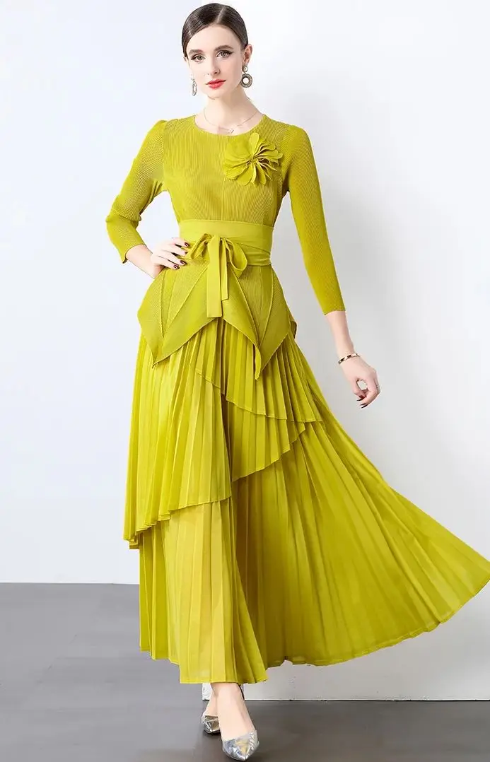 

Autumn Miyake Irrgegular Pleated Set Women's Long Sleeve High Strechy Lace Up Waist Tops + High Waist A-Line Maxi Skirt Suit