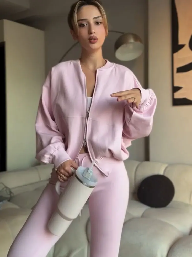 HH أطقم سراويل نسائية أنيقة متوهجة وأكمام طويلة سترات منفوخة برباط بنطلون خريفي نسائي غير رسمي للركض #4