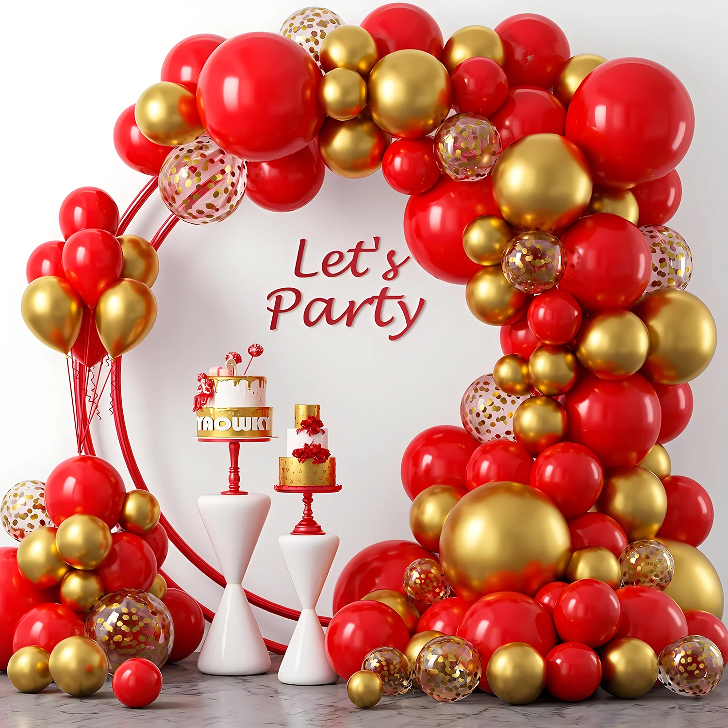 Red and gold balloon wreath set, 122 pieces 18 12 10 5 inch red and gold balloons with golden colorful confetti balloons, suitab