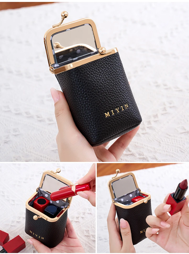 Luxuriöser Mini-Lippenstift-Organizer für Damen, auch geeignet als Schmuck-, Kopfhörer- und Münzbeutel mit eingebautem Spiegel. – Detail 14