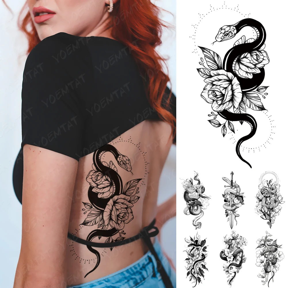 

Sexy Snake Waterproof Temporary Tattoo Sticker Dragon Peony Rose Flower Flash Tatto Women Men Waist Arm 3D Body Art Fake Tattoos