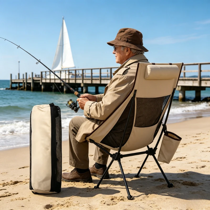 

Premium beige tourist chair, foldable high back, breathable headrest, solid aluminum parts for long outdoor sitting comfort