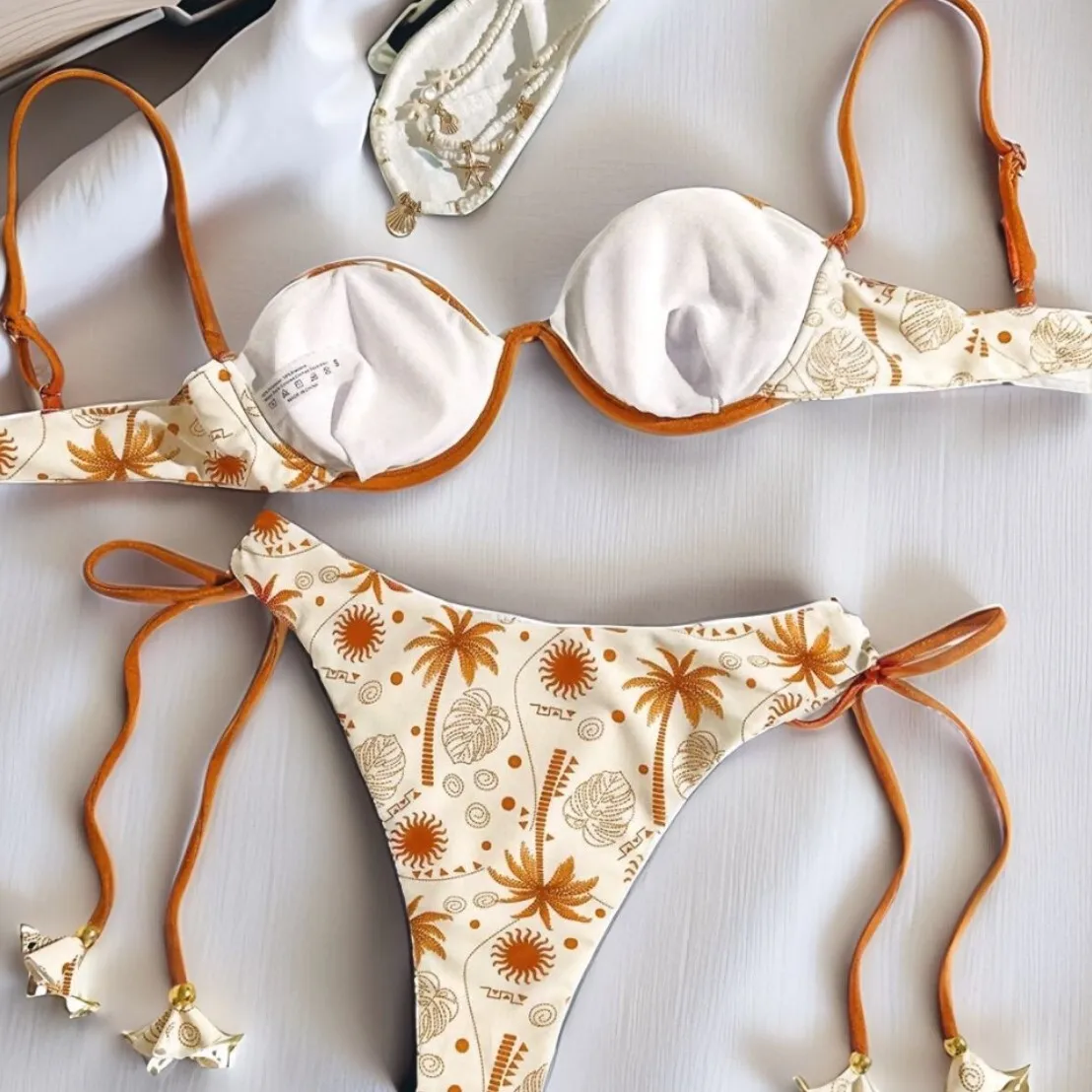 

2025 Printed Steel Circle Gathering Drawstring Swimsuit With Built In Chest Mat Strap Beach 2-Piece Set Bikini