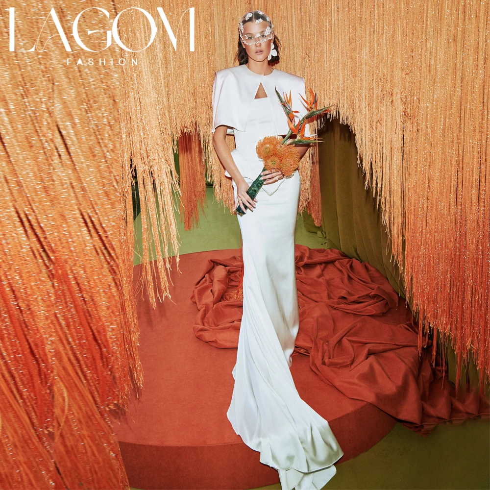 Lagom Elegant White Vintage Mermaid Wedding Dress Detachable shawl Floor-Length Romantic Unique New Vestido de novia Customized