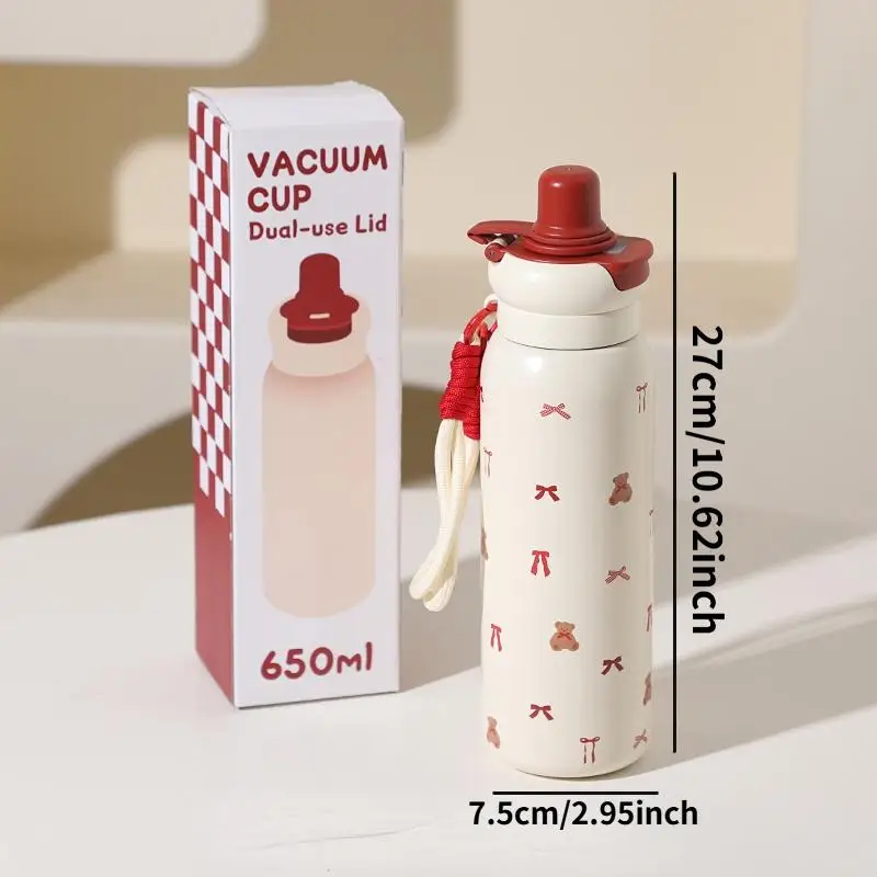 لطيف الكرتون الأزياء كوب بقشة سعة كبيرة طالب زجاجة ماء مزدوجة، قارورة معزولة من الفولاذ المقاوم للصدأ، نمط الدب القوس